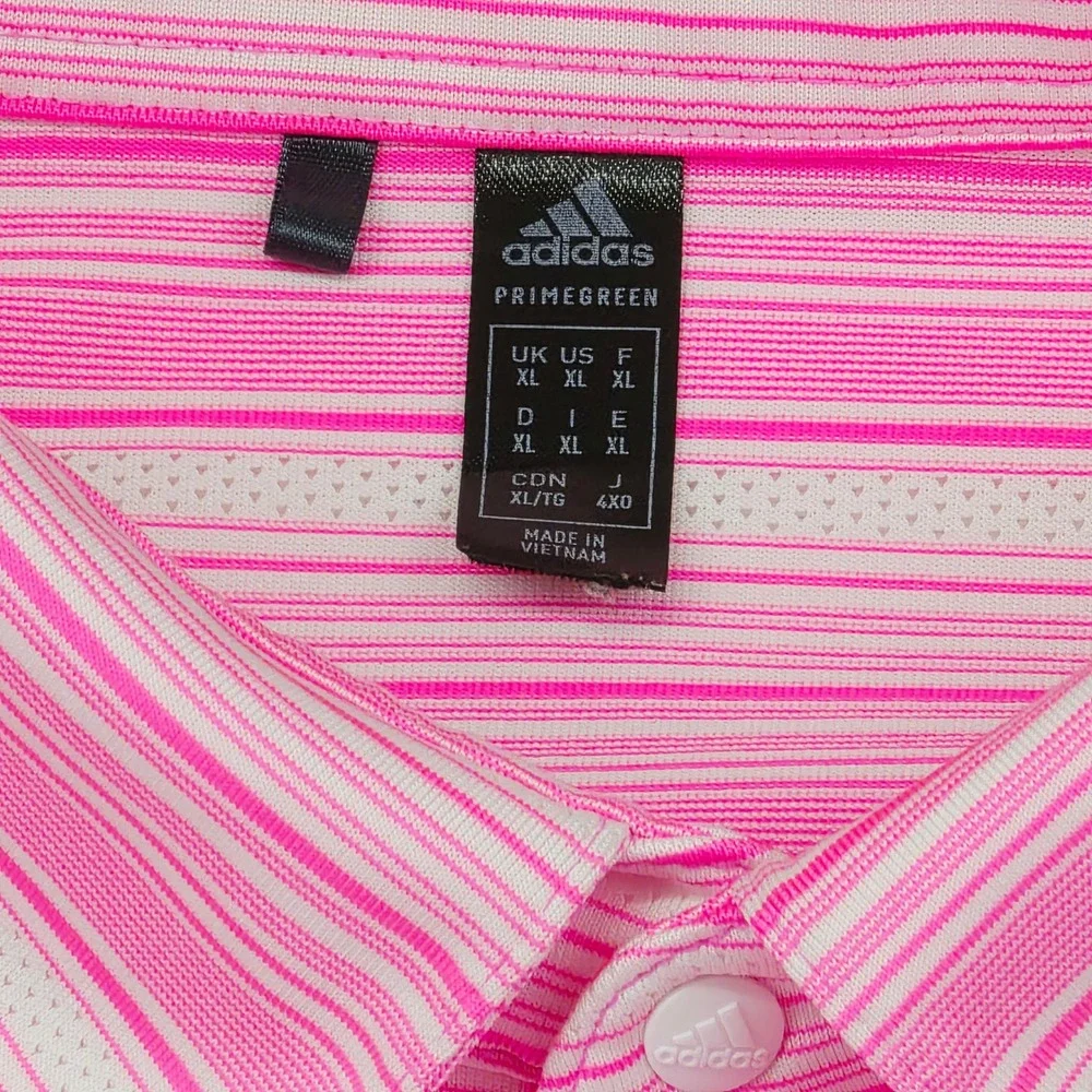 Adidas Polo Shirt Mens XL Pink White Striped Primegreen Golf‎ Short Sleeve